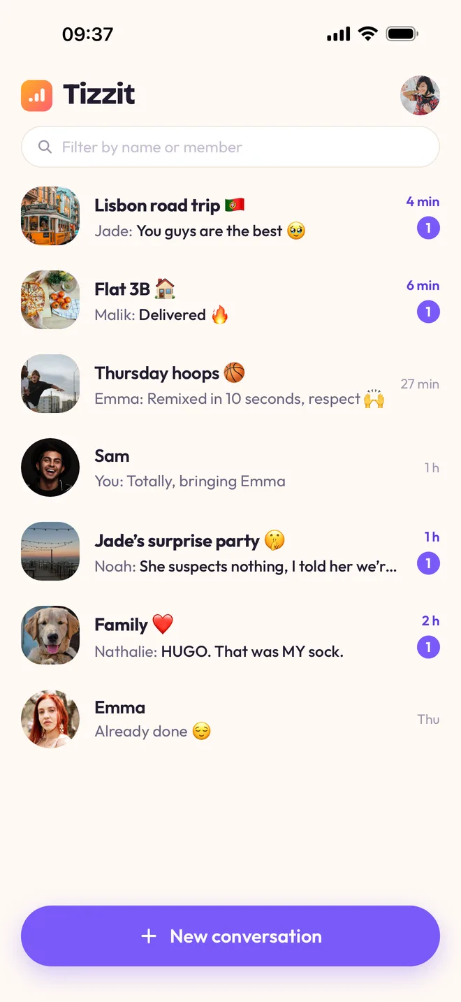 The Tizzit chat list: Lisbon road trip, Flat 3B, Thursday hoops, Jade's surprise party, Family, and a “New conversation” button.