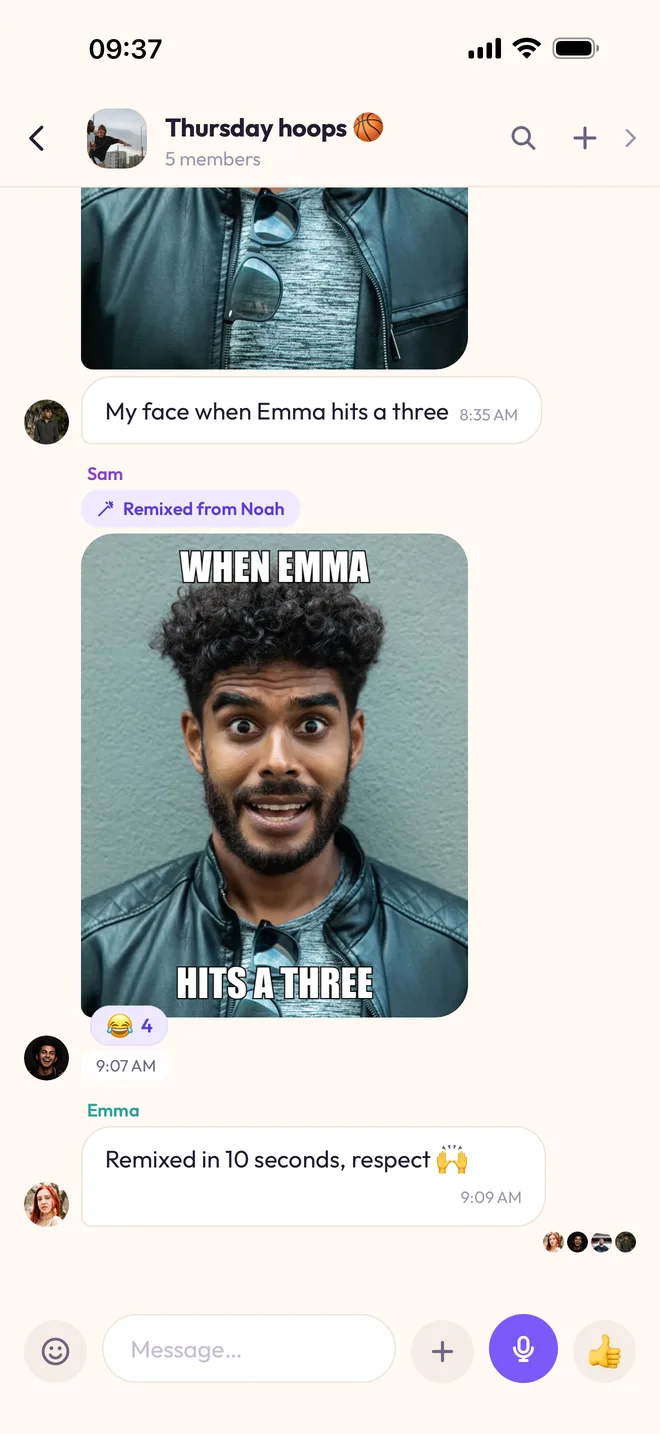 The “Thursday hoops” chat: the meme “WHEN EMMA HITS A THREE”, labelled “Remixed from Noah”, with four 😂 reactions.