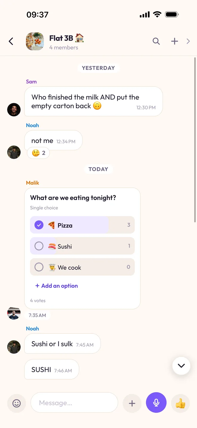 The poll “What are we eating tonight?” in “Flat 3B”: Pizza 3 votes, Sushi 1 vote, We cook 0 votes, out of 4 votes.