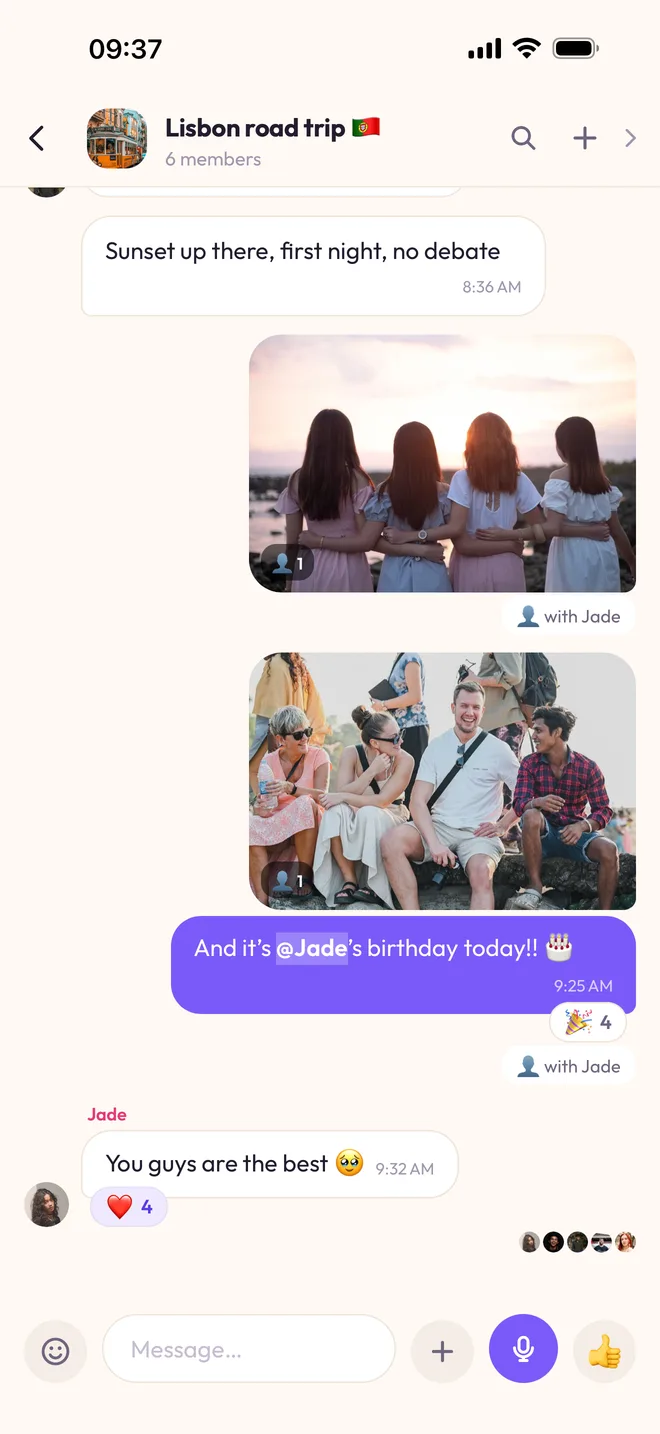 The “Lisbon road trip” chat: two photos tagged “with Jade”, a message mentioning @Jade, and 🎉 and ❤️ reactions.