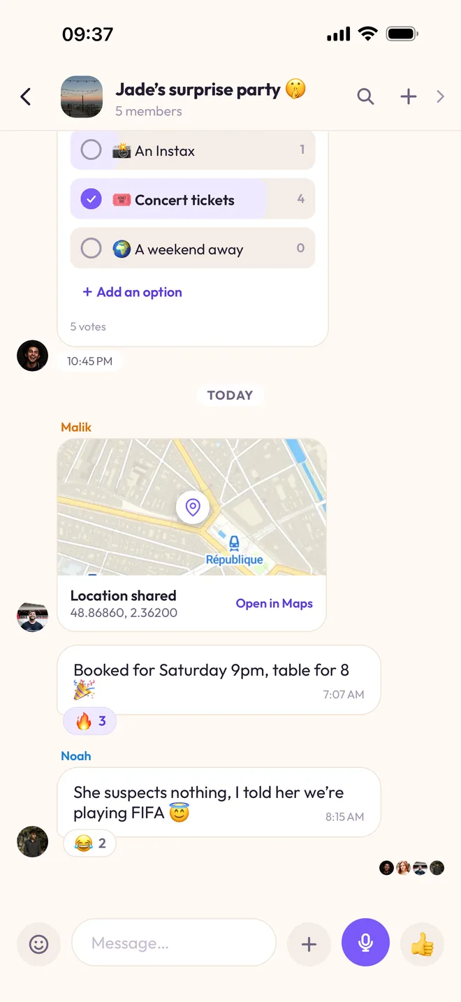 The “Jade's surprise party” chat: a location shared near République on a map, and the message “Booked for Saturday 9pm, table for 8”.