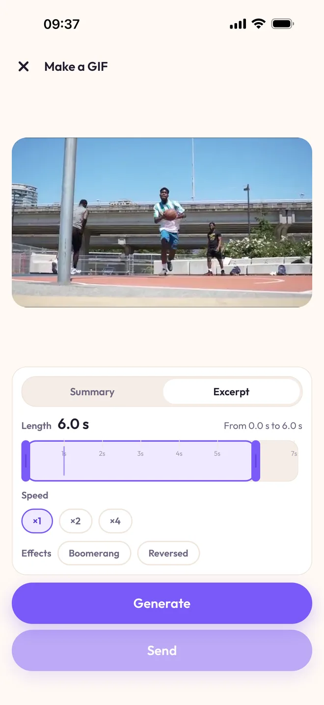 The “Make a GIF” screen: the excerpt picked from a basketball video, a 6-second length, ×1, ×2 or ×4 speed, and the Boomerang and Reversed effects.