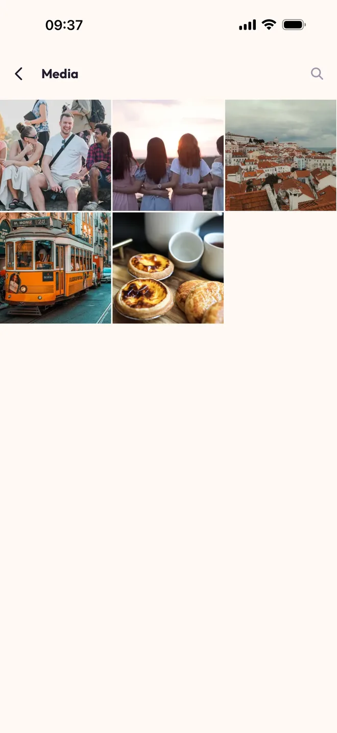 The “Media” screen: the grid of the group's photos — a tram, pastéis de nata, a Lisbon sunset.